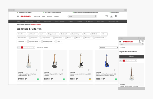 Eine Bildschirmaufnahme von dem Session Online Shop. Produktdarstellung von Gitarren.